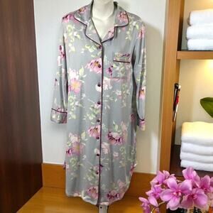 Body Touch Floral Nightshirt Gray Pink Button Down Sleep‎ Shirt Size S New